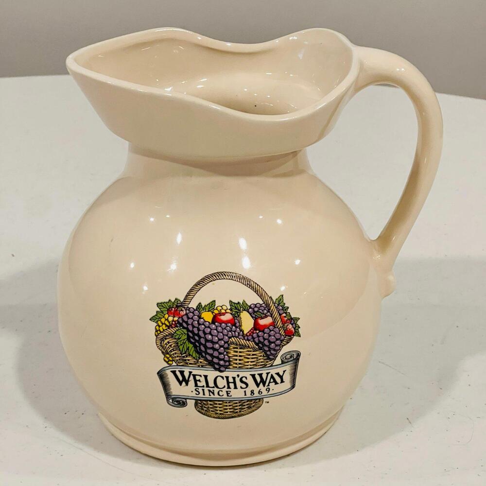 Welch's Way Pitcher Pottery 7554 W/ Fruit Basket Print Grapes Apples Vintage.